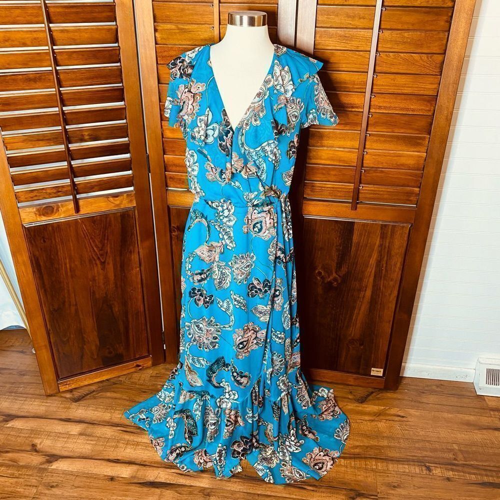 Y2K Paisley Print Teal Ruffle Shirt Sleeve Maxi Dress Size Medium Apt.9 Cowgirl